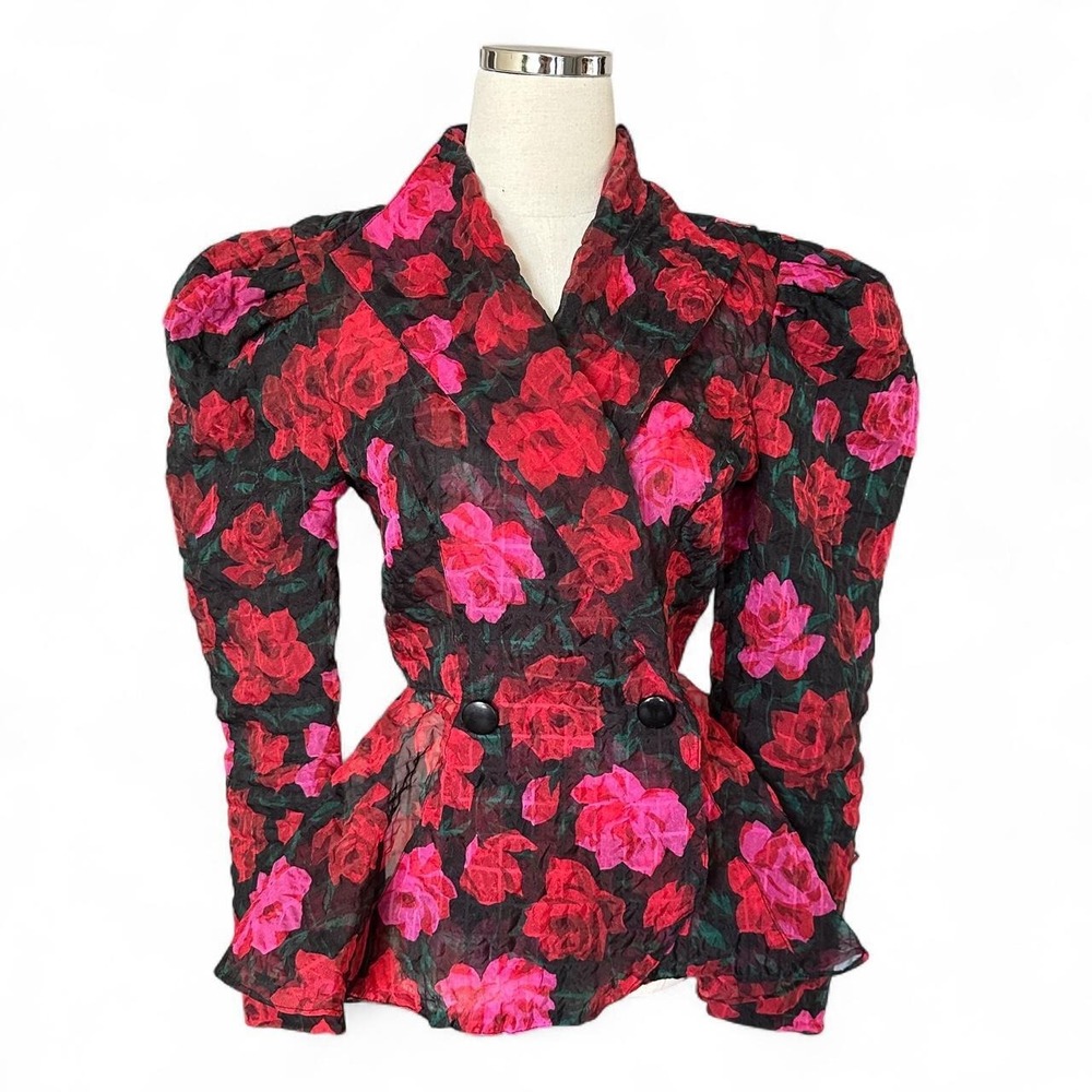 Vintage 80s Floral Puff Sleeve Blazer Blouse